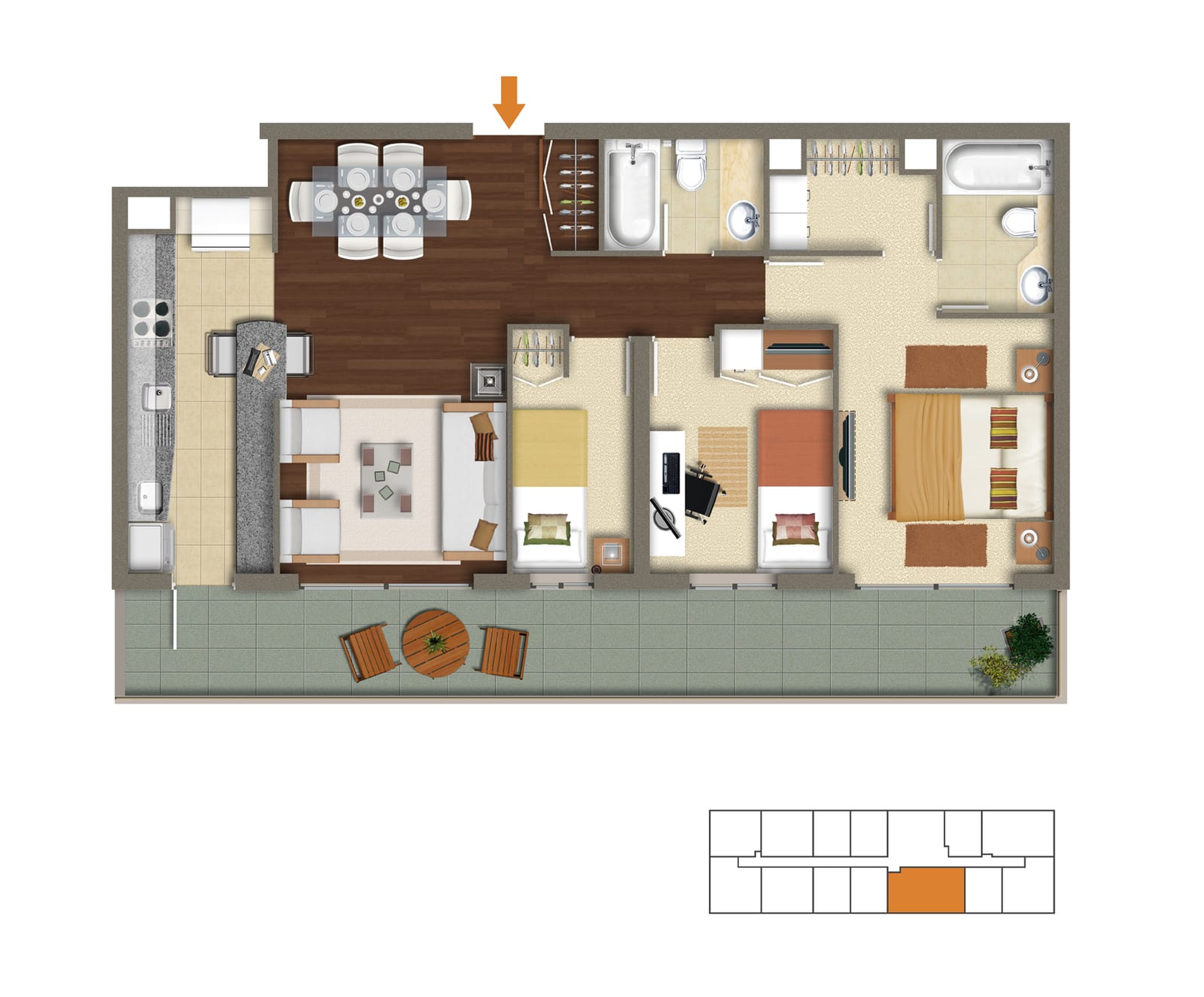 Planta del departamento tipo A de Torre del Sol: 3 dormitorios, 2 baños, superficie total 82,54 m²